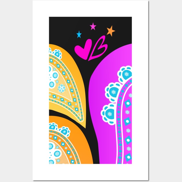 Pretty Cute Paisley Pattern with hearts and stars in orange, pink and blue Wall Art by innerspectrum